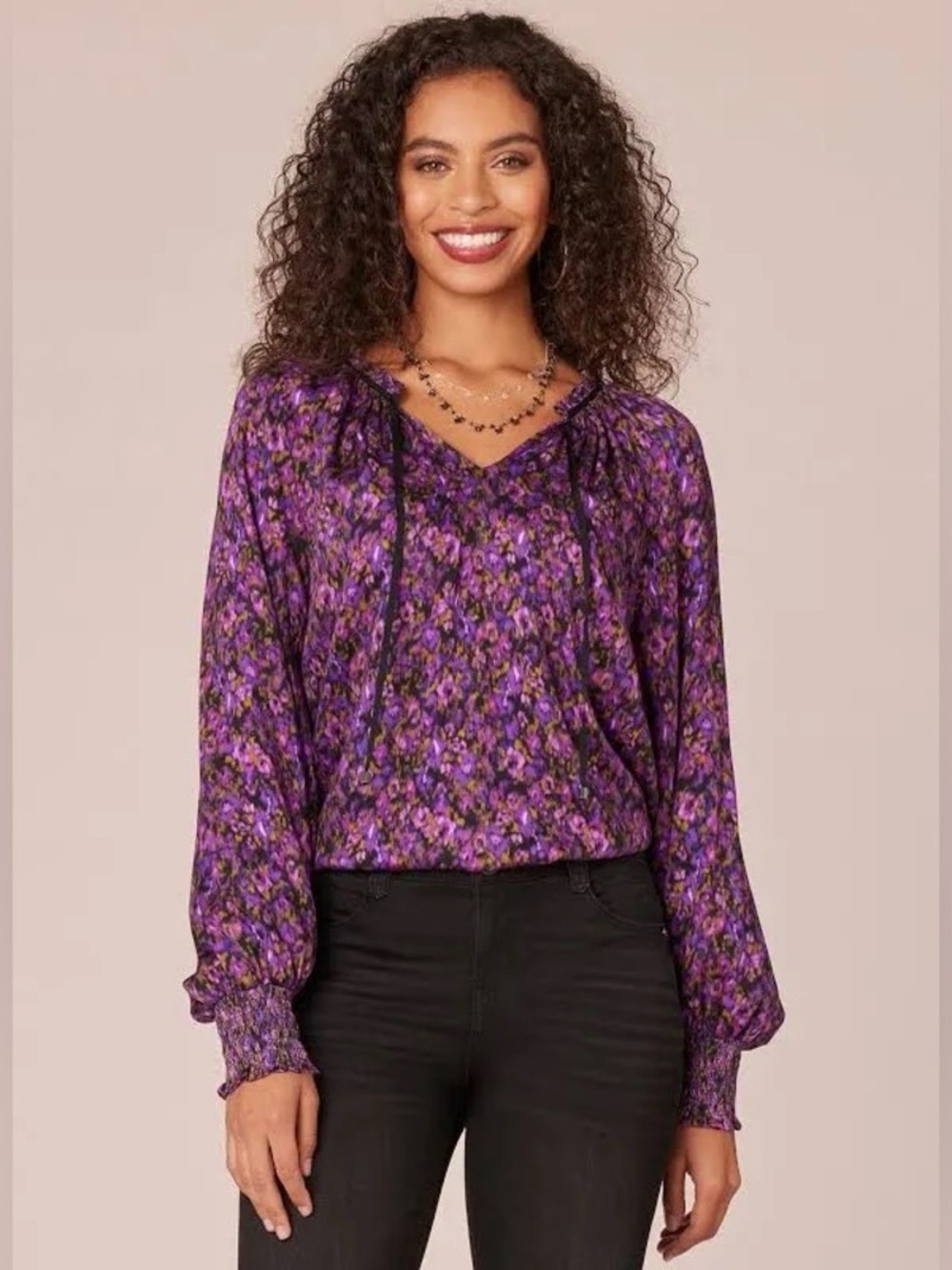 Democracy Smock Cuff Sleeve Ruffle Edge V-Neck Floral Print Top NWT Petite Small